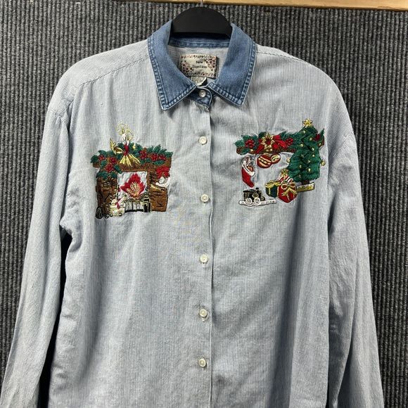 VTG 90’s New Directions Shirt Women Large Blue Stripe Christmas Embroidered Top - Picture 1 of 14